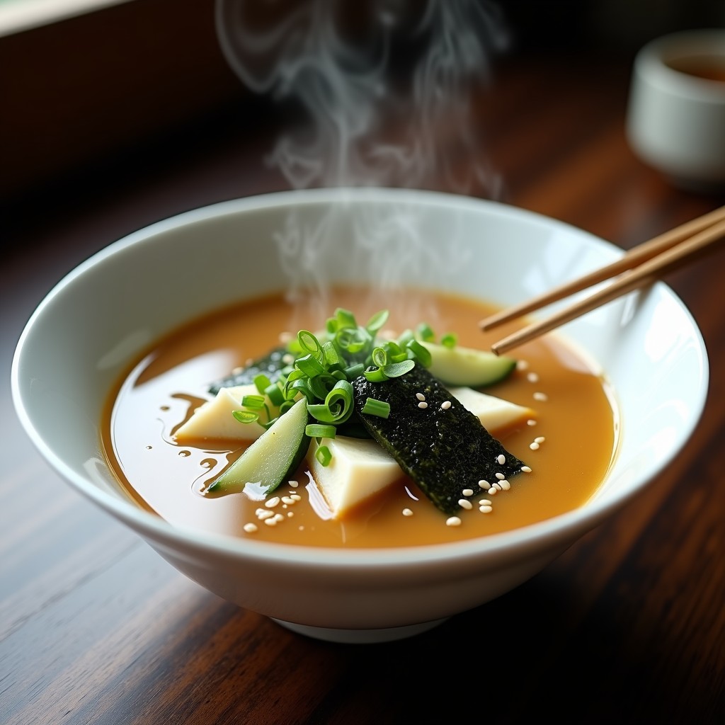 Cuenco blanco humeante con sopa de miso cremosa, rodajas de pepino ahumado, cubos de tofu sedoso, algas wakame y decoración de cebollino y sésamo tostado, receta japonesa detox.
