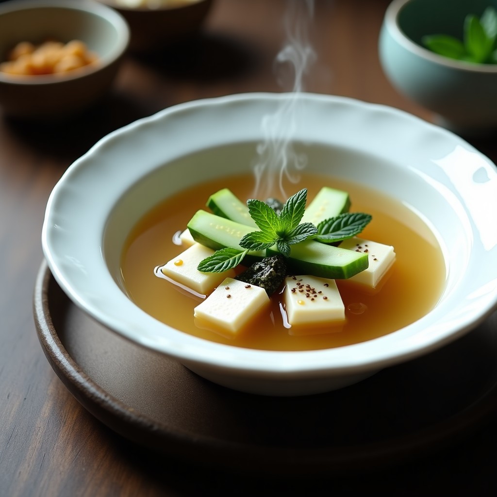 Cuenco blanco con sopa de miso humeante, rodajas de pepino fresco, tofu sedoso, algas wakame y hojas de menta, servida con semillas de sésamo tostadas.