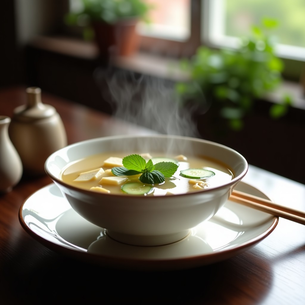 Cuenco de cerámica blanca con sopa de miso humeante, rodajas de pepino verde, trozos de tofu sedoso y hojas de menta fresca flotando, servida sobre una mesa de madera con palillos.