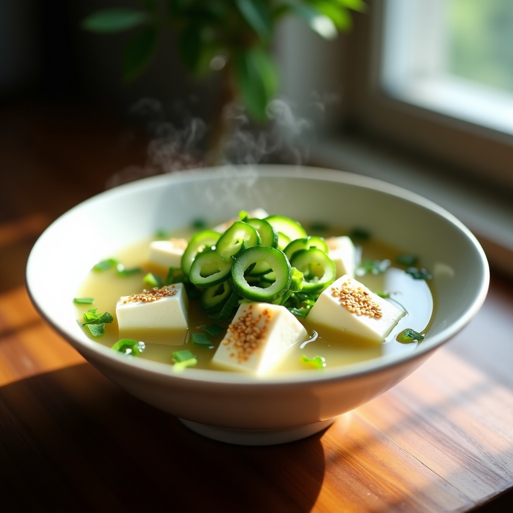 Cuenco de cerámica blanca con sopa de miso humeante, rodajas de pepino fresco, tofu sedoso y algas wakame, decorada con cebollino y semillas de sésamo, sobre fondo de madera rústica.
