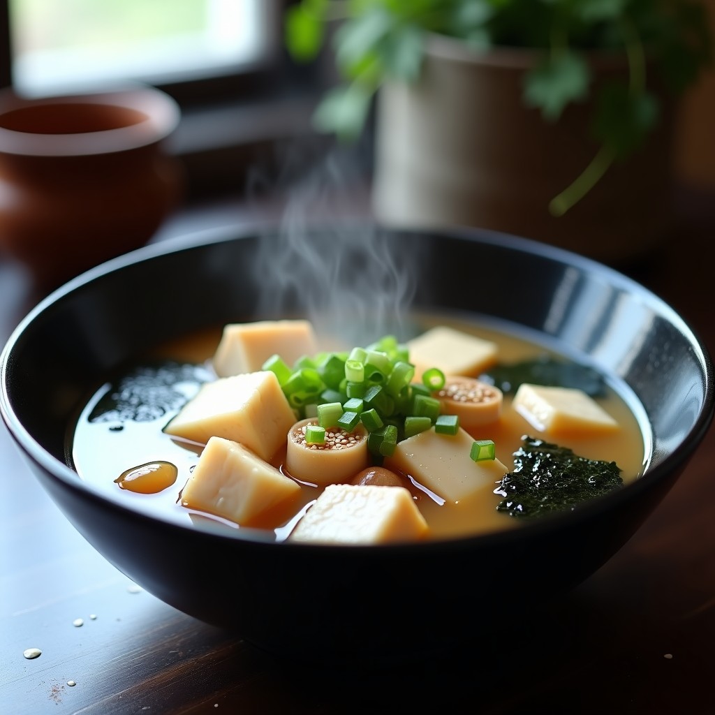 Cuenco de cerámica negro con sopa de miso humeante, filetes de pescado blanco, tofu sedoso, setas shiitake y algas nori, decorado con cebollino y semillas de sésamo.