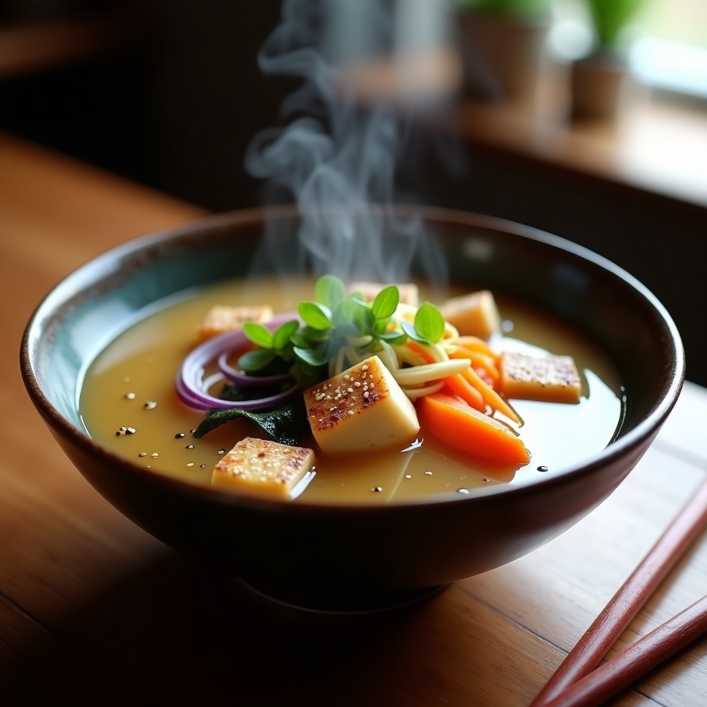 Bol de sopa de miso humeante con trozos de pollito vegano, tofu sedoso, algas wakame y cebollino picado, decorado con semillas de sésamo y aceite de sésamo tostado, receta express en airfryer.