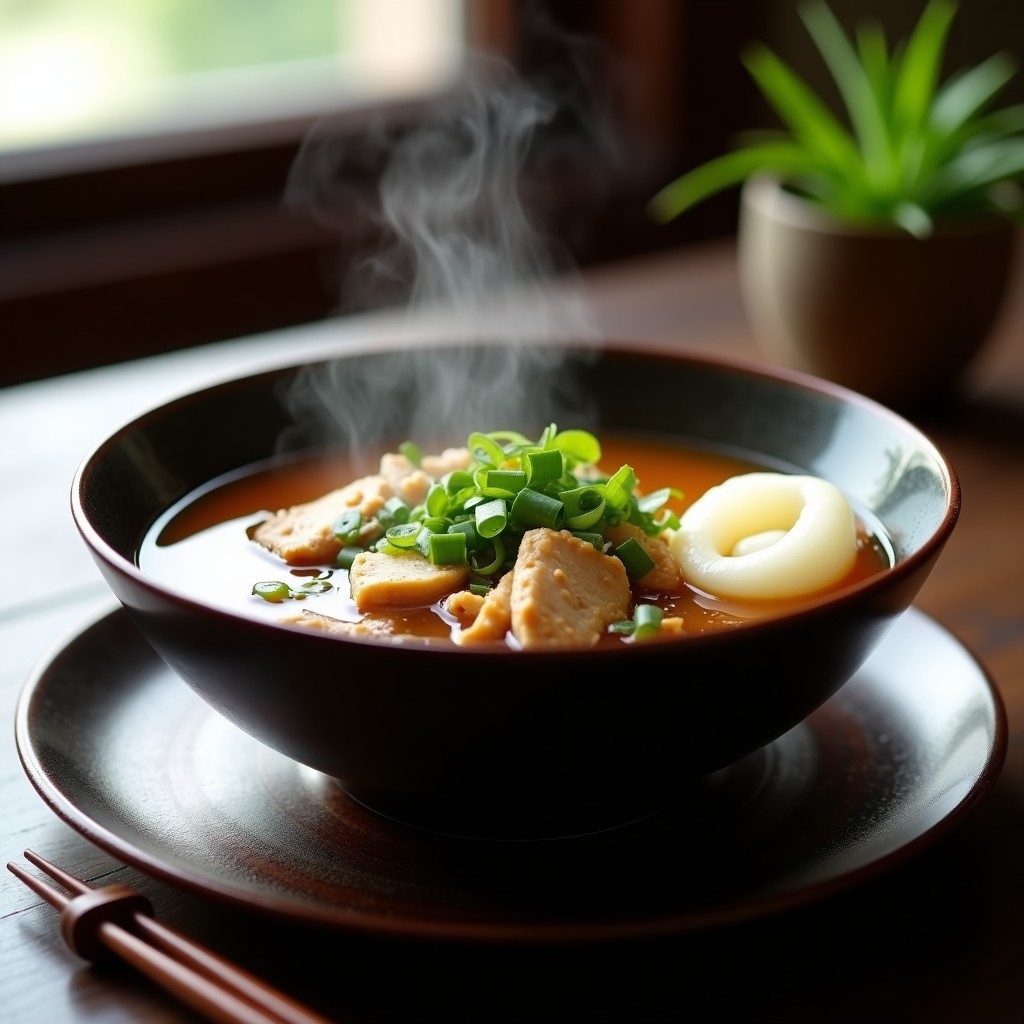 Cuenco de cerámica tradicional japonés con sopa de miso humeante, trozos de pollo, tofu sedoso y algas wakame, decorado con cebolla verde y encurtidos de rábano daikon.