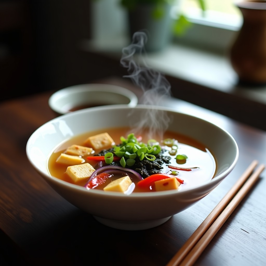 Cuenco de cerámica blanca con sopa de miso espumosa, rajas de pimiento rojo y cebolla morada, cubos de tofu ahumado dorado y algas wakame, decorado con cebollino picado. Receta japonesa reconfortante.