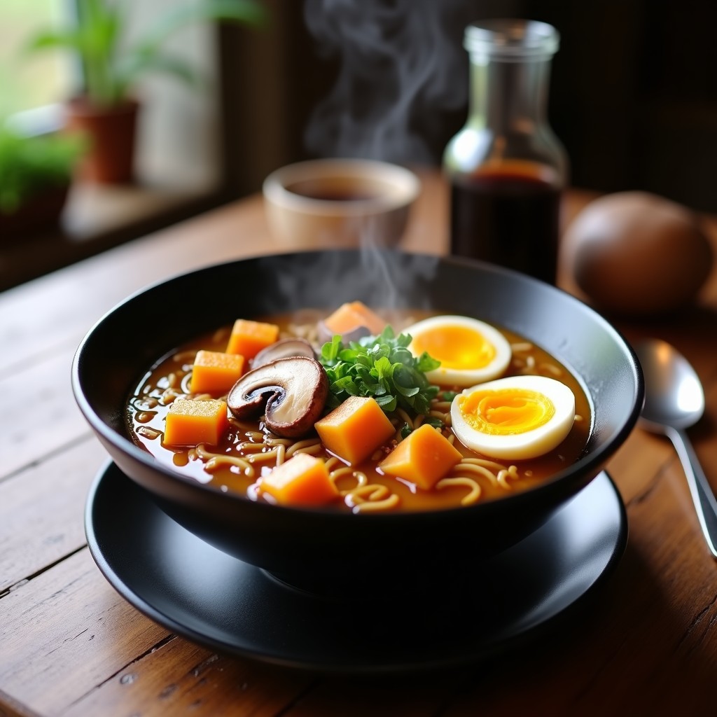 Cuenco hondo negro con sopa miso ramen humeante, fideos ramen, calabaza asada dorada, huevo marinado con yema líquida, champiñones shiitake y cebollino fresco. Receta reconfortante de sopa miso ramen con calabaza asada.