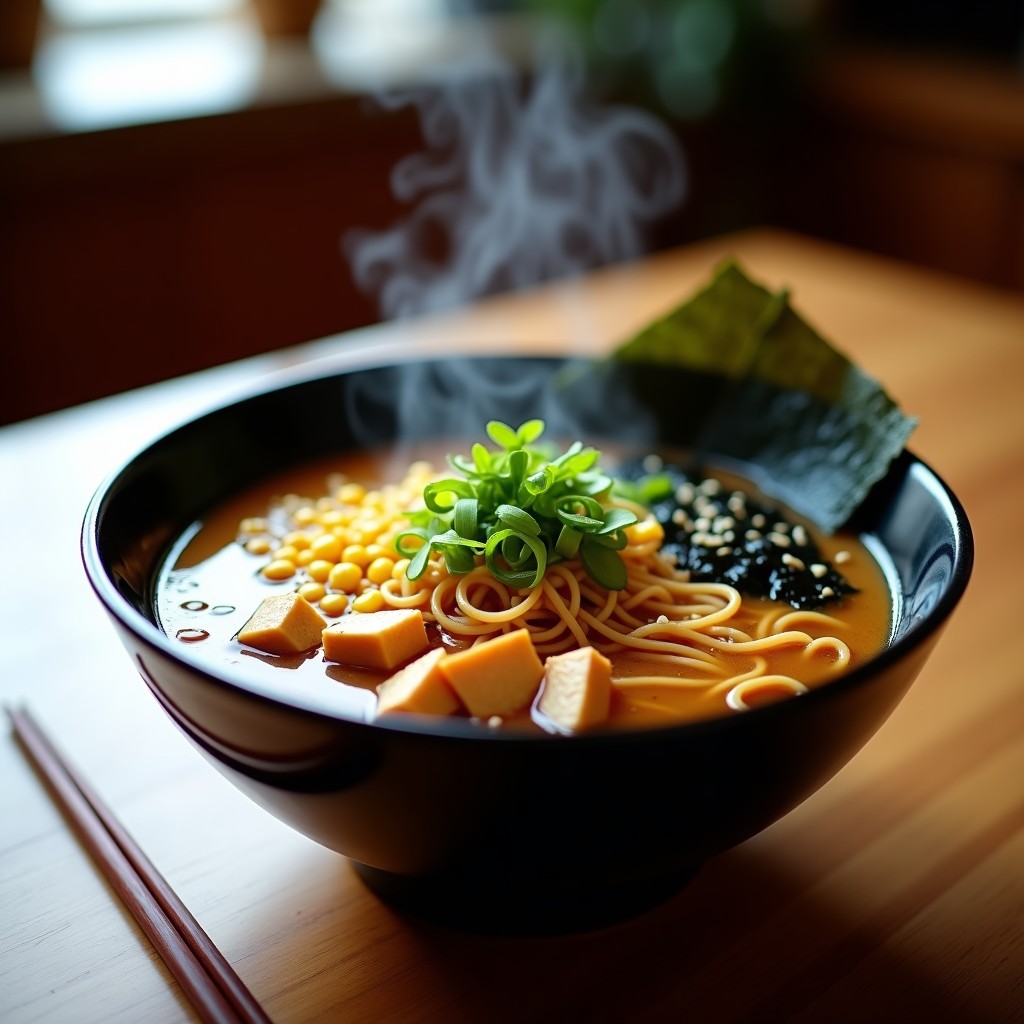 Bowl oscuro de cerámica con sopa miso ramen vegano humeante, fideos ramen bañados en caldo dorado, tofu dorado, champiñones shiitake, brotes de soja, cebolla verde y alga nori, decorado con semillas de sésamo.