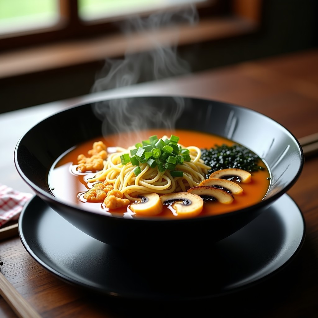 Cuenco hondo de cerámica negra con sopa de miso ramen vegano, fideos de coliflor, tofu ahumado dorado, setas shiitake y algas wakame, decorado con cebollino y semillas de sésamo negro.