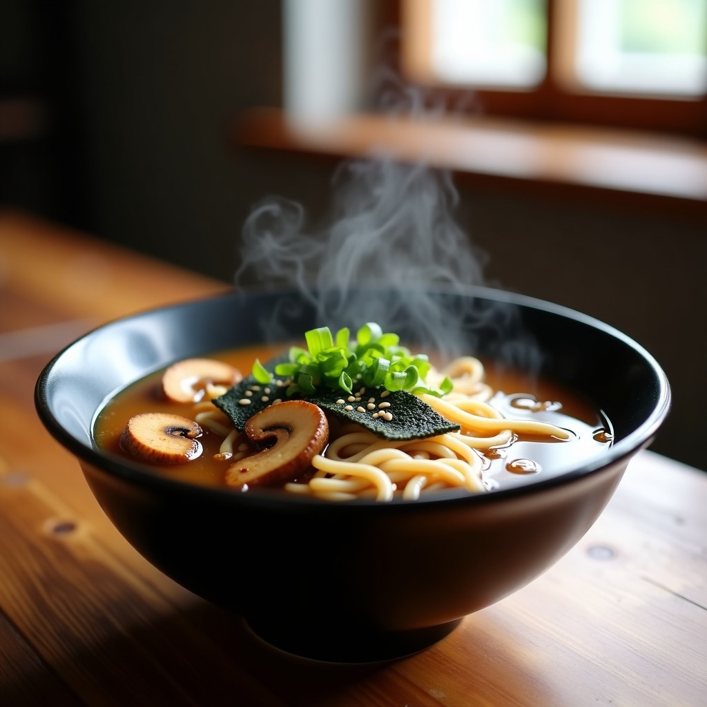 Cuenco negro de cerámica con sopa de miso ramen vegano humeante, fideos de arroz, hongos shitake, tofu ahumado y algas nori, decorado con semillas de sésamo y cebollino.