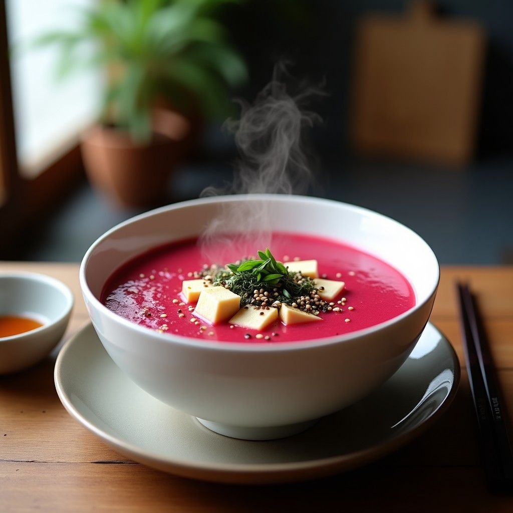Bowl blanco con sopa de miso y remolacha al airfryer, caldo rosa vibrante con tofu sedoso, algas wakame y semillas de sésamo, decorado con cebollino fresco.