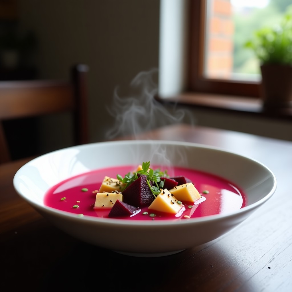Bowl de cerámica blanca con sopa de miso de color rosa intenso por la remolacha, trozos de tofu, cebollino picado y semillas de sésamo tostadas, sobre fondo de madera oscura.