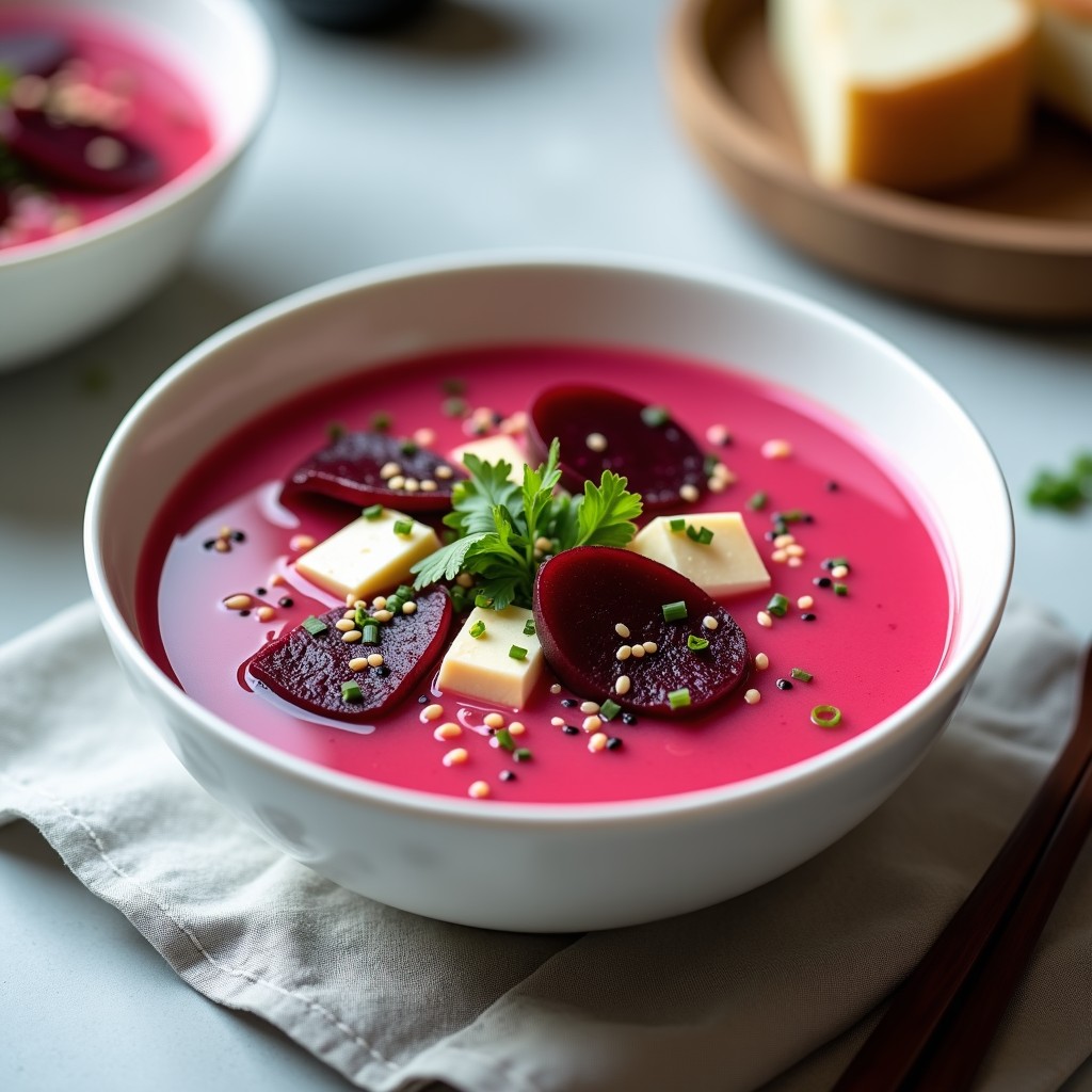 Cuenco blanco hondo con sopa de miso rosa vibrante, trozos de remolacha fermentada, cubos de tofu sedoso, algas wakame y decoración de cebollino, semillas de sésamo negro y aceite de sésamo tostado. Fondo minimalista con mantel de lino gris.