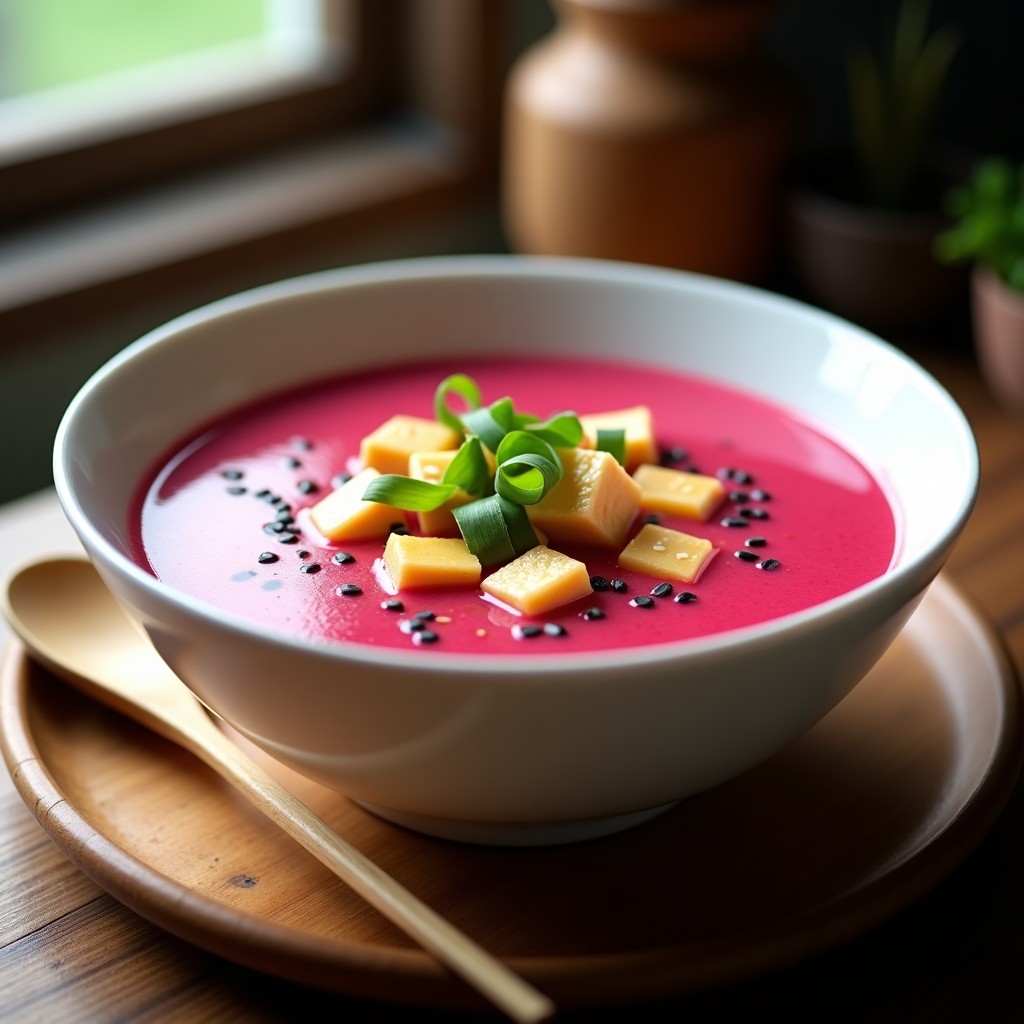Cuenco de cerámica blanca con sopa de miso de color rosa intenso por la remolacha, trozos de tofu dorado, cebollino picado y semillas de sésamo negro. Fondo de madera rústica con cucharón de bambú.