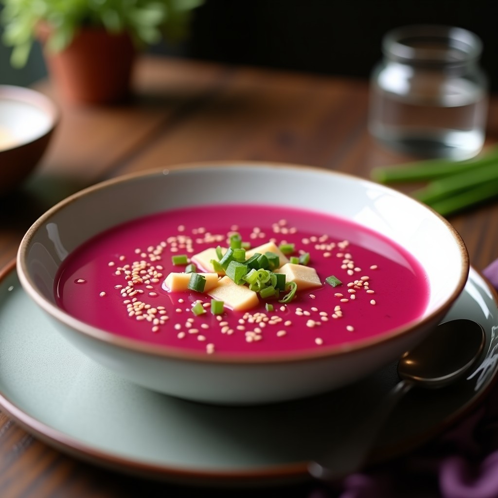 Cuenco de cerámica blanca con sopa de miso y remolacha vegana, color magenta vibrante, decorada con semillas de sésamo tostadas y cebollino picado. Receta Thermomix antiinflamatoria.