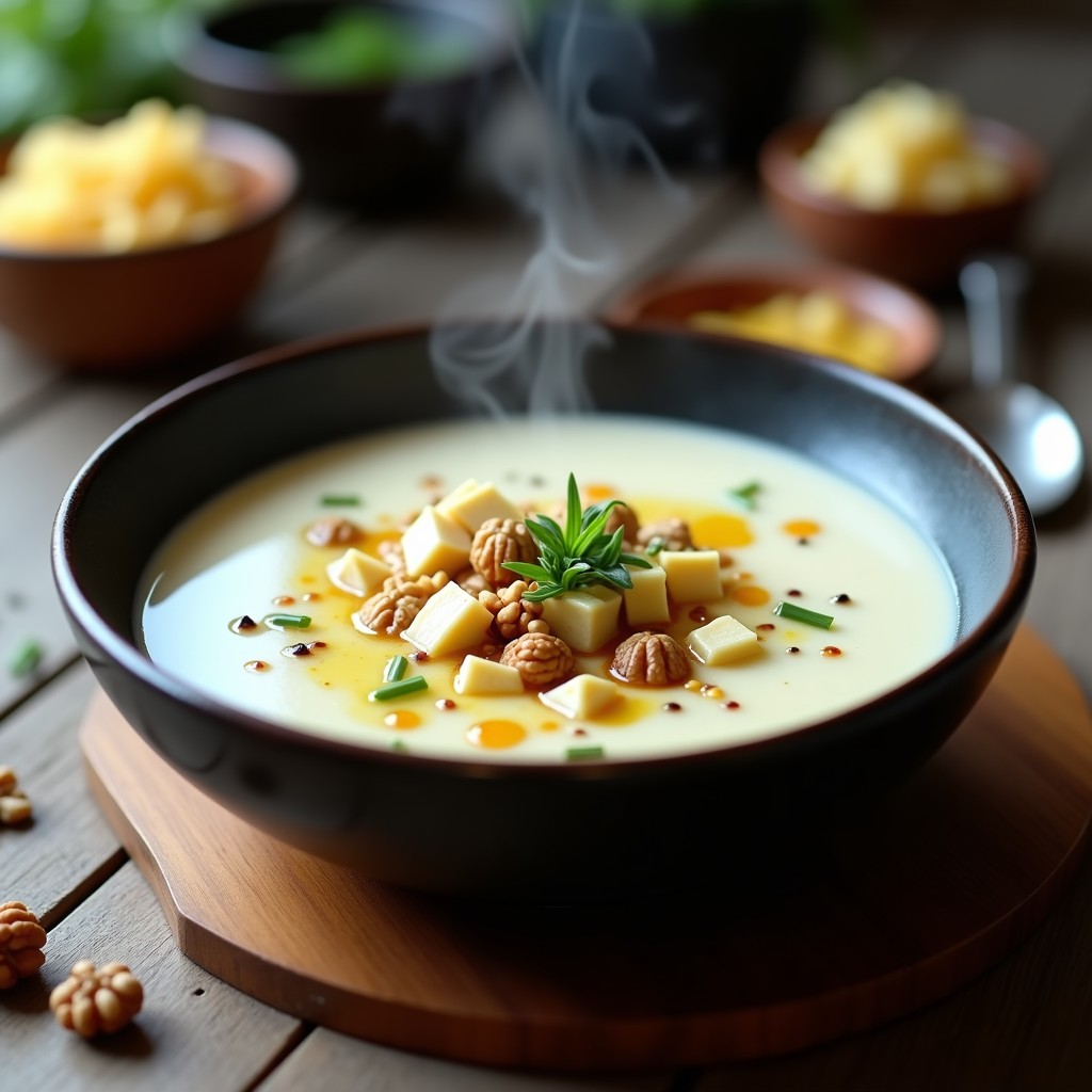 Bowl oscuro con sopa de miso humeante, trozos de queso Roquefort derritiéndose, nueces tostadas y cebollino picado, sobre fondo de madera rústica.