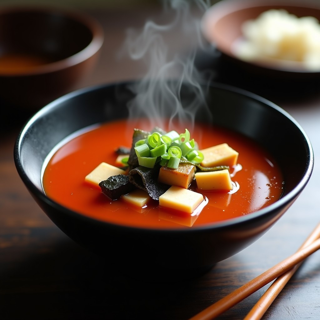 Cuenco de cerámica negra con sopa de miso rojo humeante, trozos de berenjena asada dorada, cubos de tofu y algas wakame, decorado con cebollino fresco. Receta japonesa tradicional.