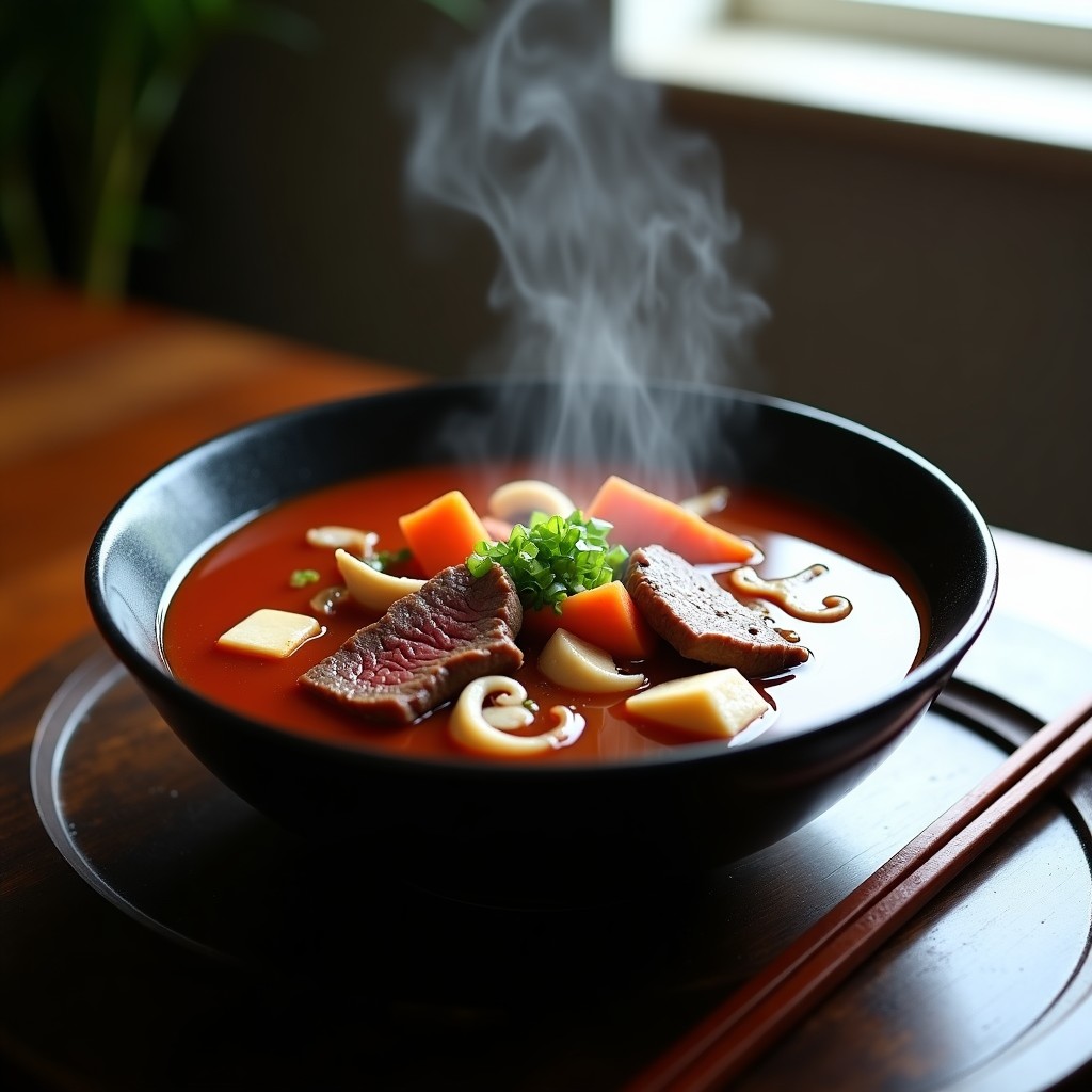 Cuenco hondo de cerámica negra con sopa de miso rojo humeante, trozos de ternera, tofu, champiñones shiitake, zanahoria y cebolla morada, decorado con cebollino y aceite de sésamo.