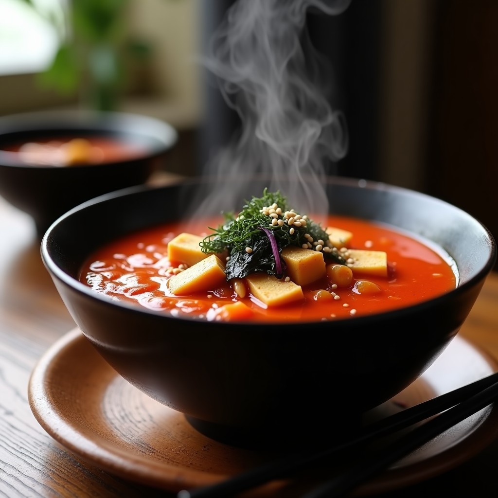 Cuenco de cerámica negra con sopa de miso rojo humeante, tofu ahumado dorado, algas wakame y semillas de sésamo, servida sobre mesa de madera rústica.