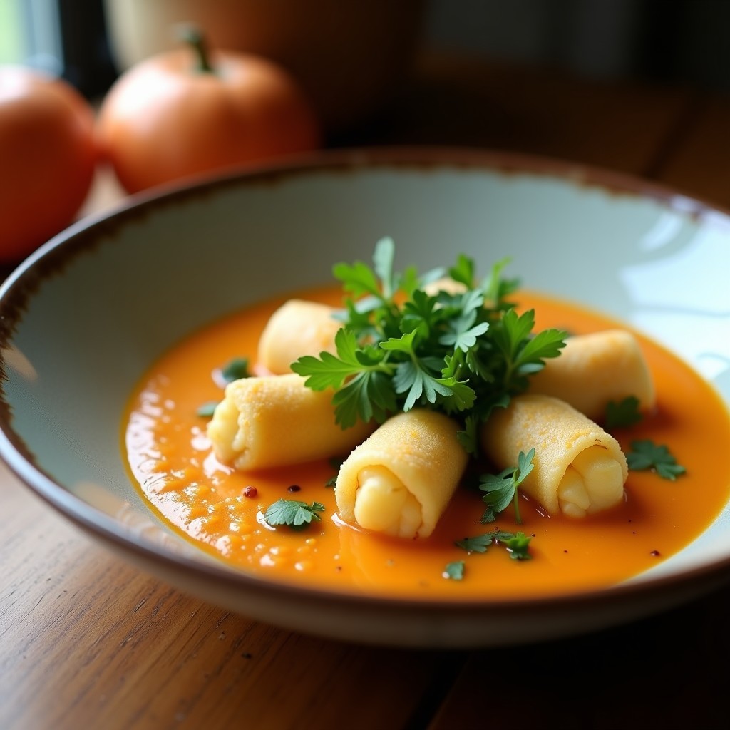 Bol de sopa de miso humeante con rollitos de primavera veganos cortados en rodajas, tofu dorado, zanahoria y algas wakame, decorado con semillas de sésamo y cebolla verde.