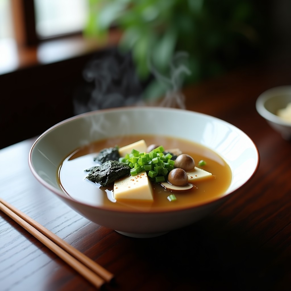 Cuenco de porcelana blanca con sopa de miso humeante, setas shitake ahumadas, tofu en cubos y algas wakame, decorado con cebollino fresco y un hilo de aceite de sésamo.