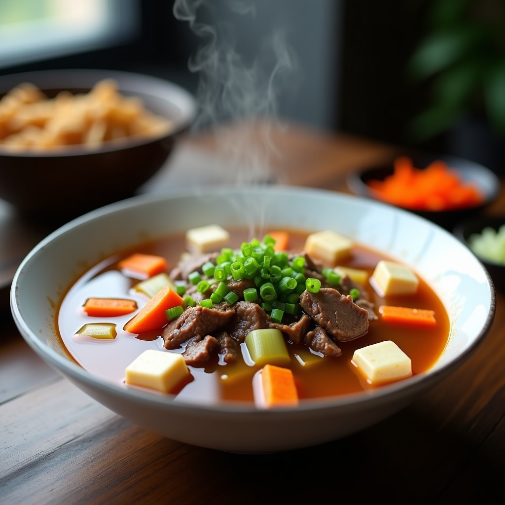 Cuenco de porcelana blanca con sopa de miso humeante, trozos de ternera, tofu, zanahoria, apio y algas wakame, decorada con cebollino fresco y aceite de sésamo, receta en airfryer.