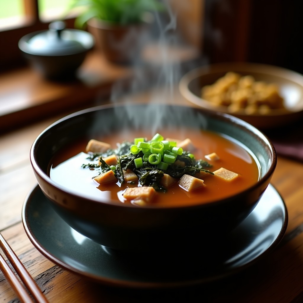 Cuenco de cerámica oscuro con sopa de miso humeante, trozos de ternera tierna, algas wakame y cebolla verde, sobre fondo de madera rústica. Receta de sopa de miso con ternera umami en olla exprés.