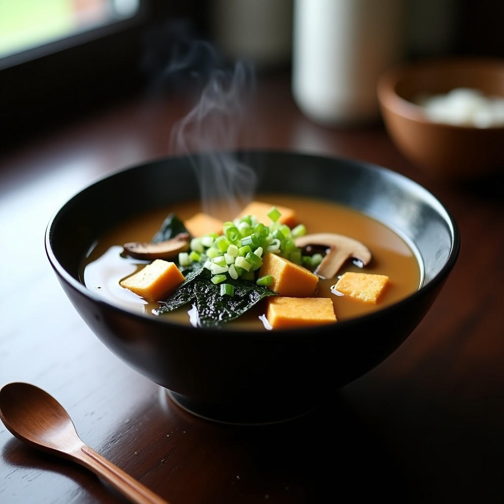 Bol de cerámica negro con sopa de miso humeante, tofu ahumado dorado, champiñones shiitake, algas wakame y cebolla verde, servida en aire fryer.