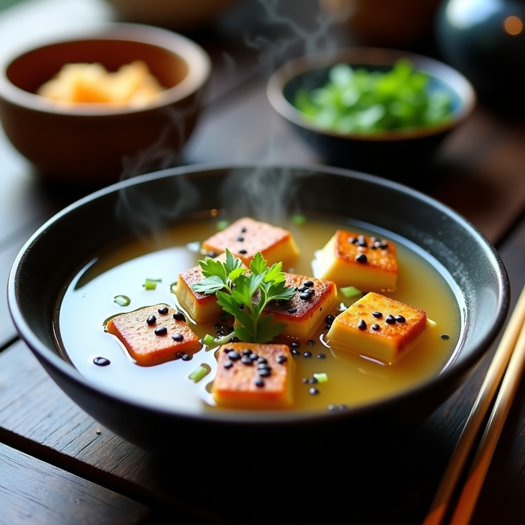 Cuenco hondo de cerámica negra con sopa de misos humeante, tofu ahumado dorado en cubos, brotes de bambú en rodajas, cebollino picado y semillas de sésamo negro espolvoreadas. Receta japonesa de sopa de misos con tofu ahumado y brotes de bambú.