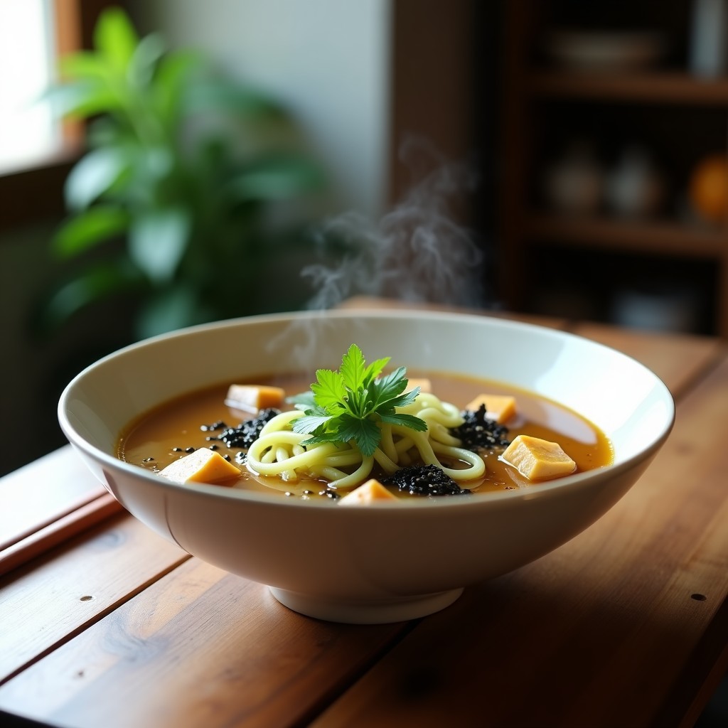 Plato hondo de cerámica blanca con sopa de miso humeante, espaguetis de calabacín frescos en espiral, cubos de tofu ahumado dorado, algas wakame y semillas de sésamo negro. Decorado con cilantro fresco y un chorrito de aceite de sésamo tostado sobre fondo de madera rústica.