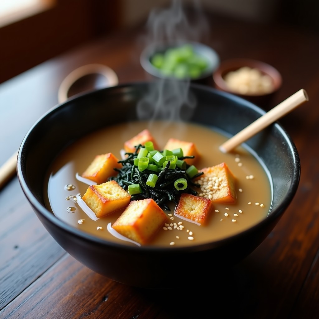 Cuenco hondo de cerámica negra con sopa de miso humeante, tofu dorado crujiente, algas wakame y cebolla verde, servido sobre mesa de madera oscura. Receta de sopa de miso con tofu crujiente en ollas superpuestas.