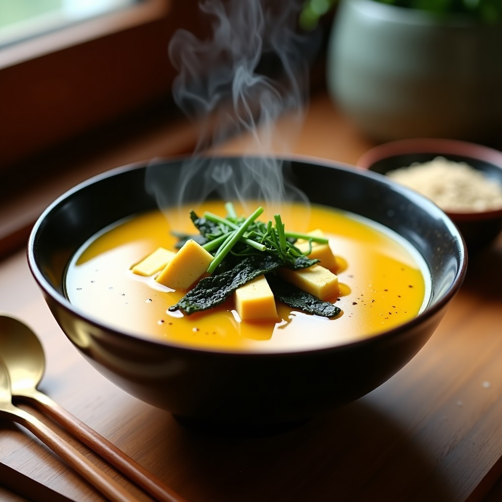 Cuenco de cerámica oscuro con sopa de miso humeante, tofu dorado en cubos, algas wakame y cebollino picado. Receta de sopa de miso con tofu y cúrcuma en Thermomix.