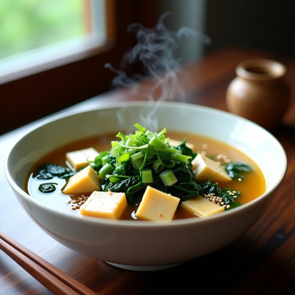 Bol de cerámica blanca con sopa de miso humeante, cubos de tofu dorado, espinacas verdes y algas wakame, decorada con semillas de sésamo y cebolla verde picada, receta en airfryer.