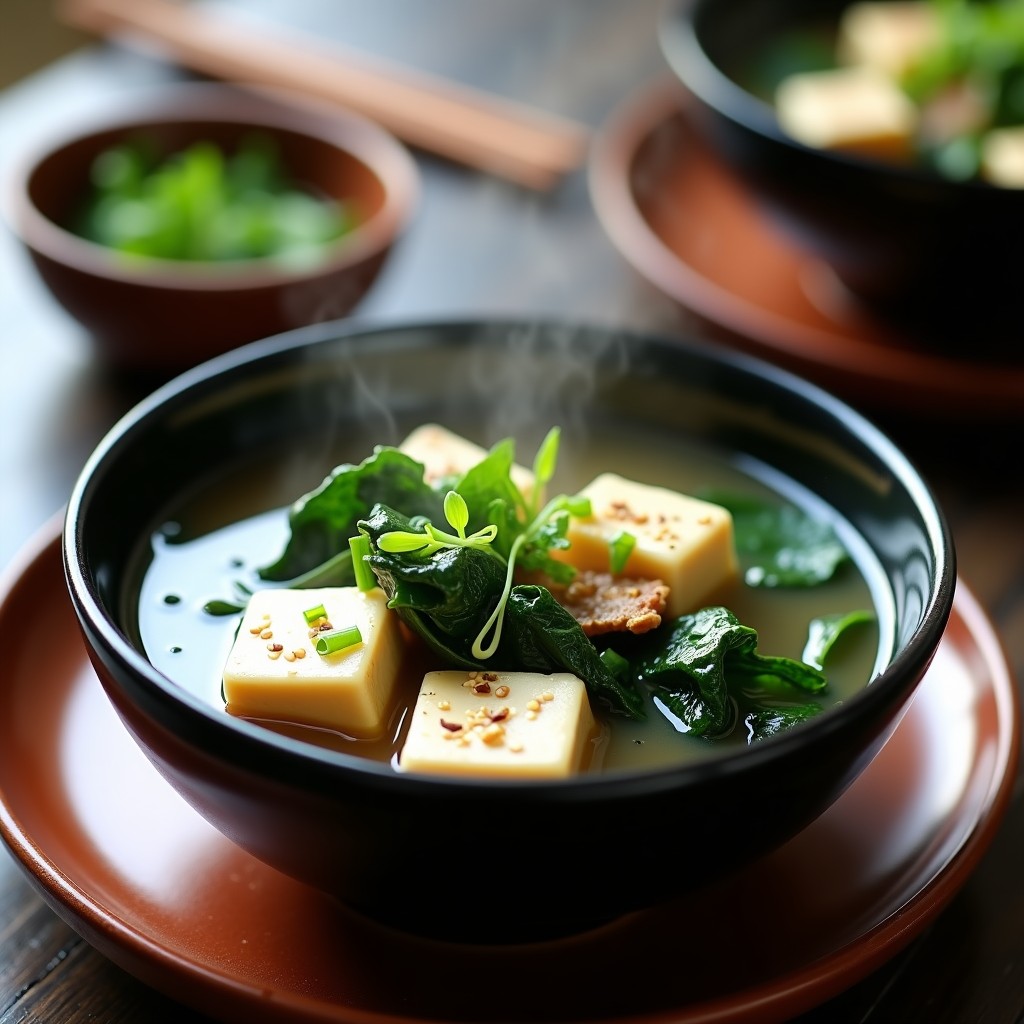 Cuenco hondo de cerámica negra con sopa de miso humeante, trozos de tofu dorado, espinacas verdes y algas wakame, decorado con semillas de sésamo y cebolla verde picada. Receta de sopa de miso con tofu y espinacas en olla express.