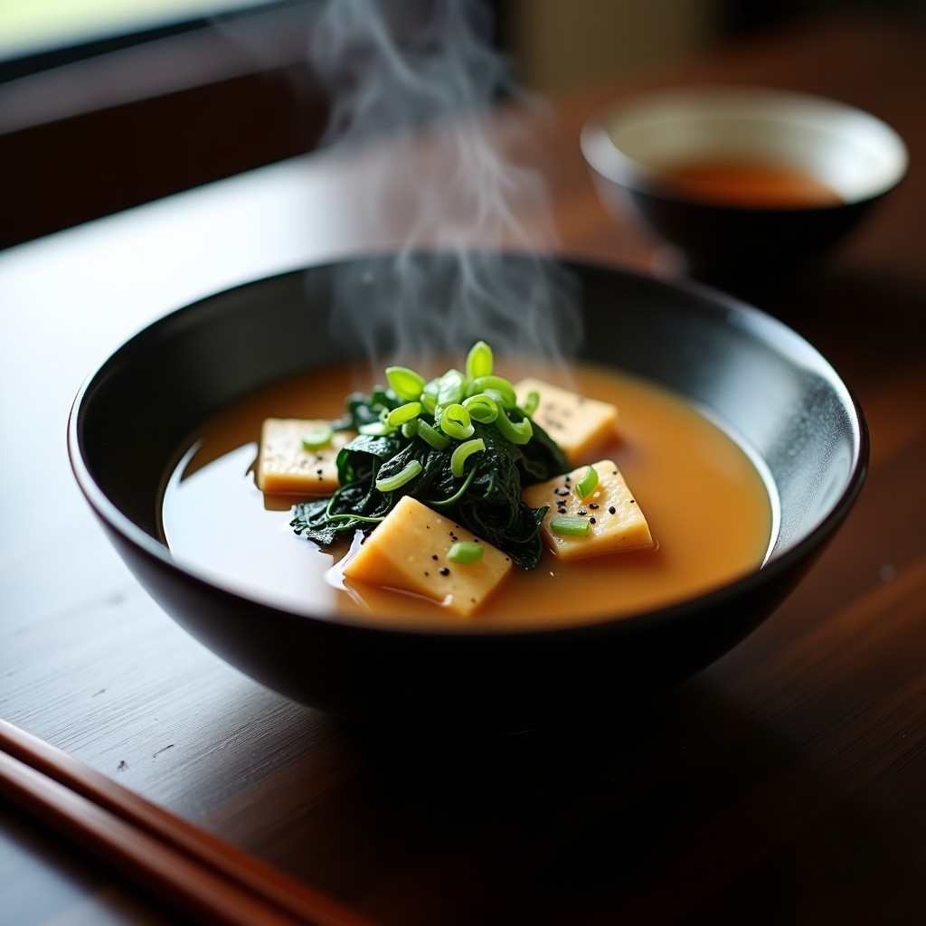 Cuenco de cerámica blanca con sopa de miso humeante, tofu dorado en cubos, espinacas verdes y algas wakame, decorado con semillas de sésamo y cebolla verde picada.