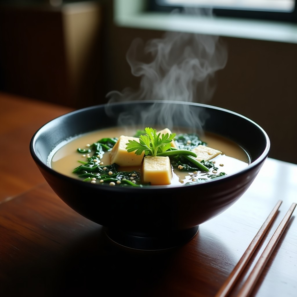 Cuenco negro de sopa de miso humeante con tofu sedoso en cubos, espinacas verdes, alga wakame y semillas de sésamo, decorado con cebollino fresco sobre fondo de madera oscura.