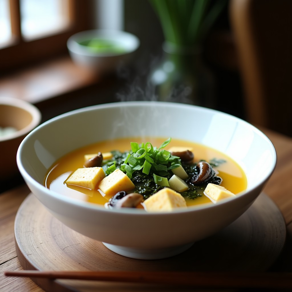 Bol de cerámica blanca con sopa miso humeante, tofu dorado, rodajas de lemongrass y algas wakame, servida en mesa de madera con palillos.