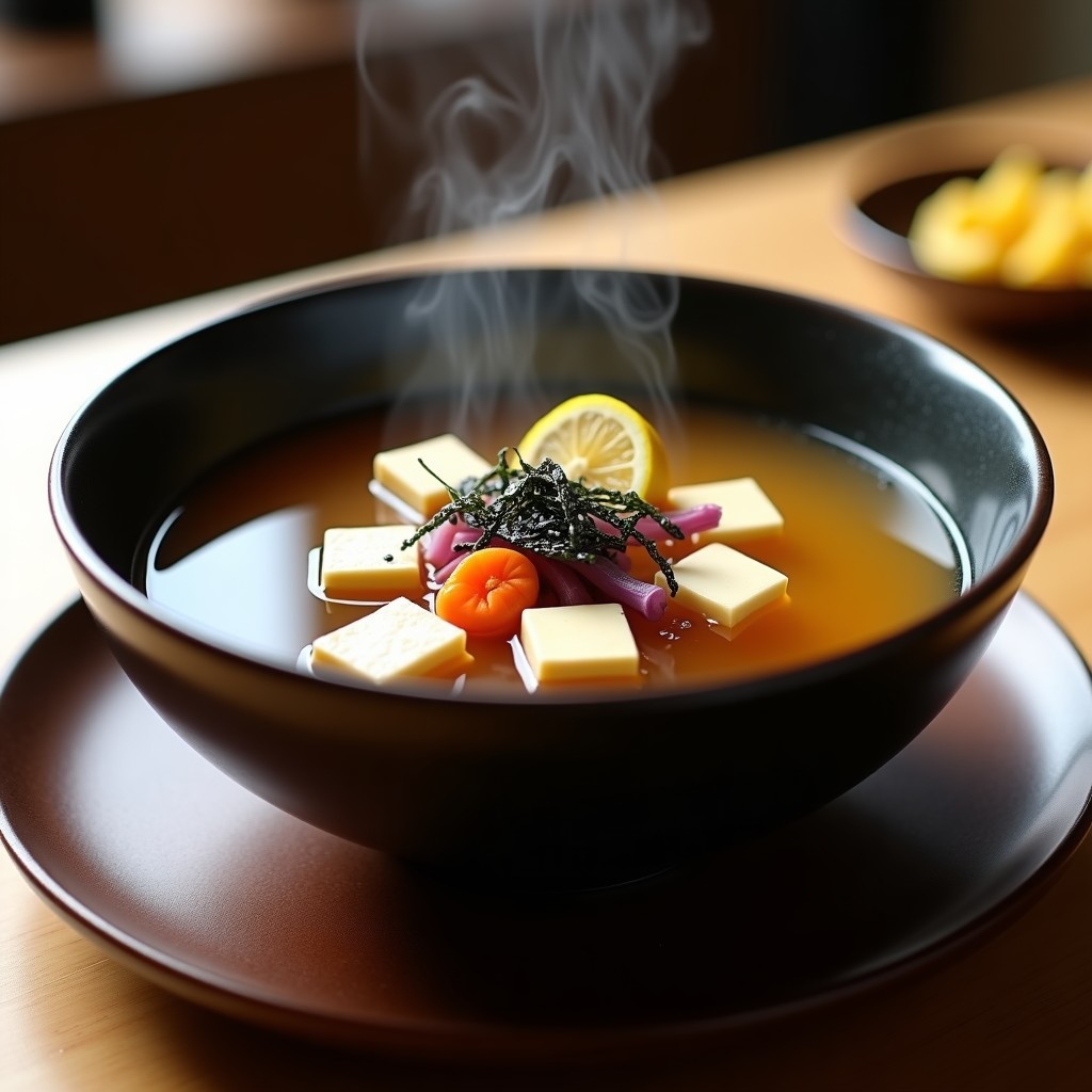Cuenco oscuro de cerámica japonesa con sopa de misos humeante, tofu sedoso en cubos, algas nori tostadas en tiras y semillas de sésamo negro. Fondos de cebolla morada y zanahoria, con rodaja de limón yuzu al lado. Receta antiinflamatoria en Thermomix.