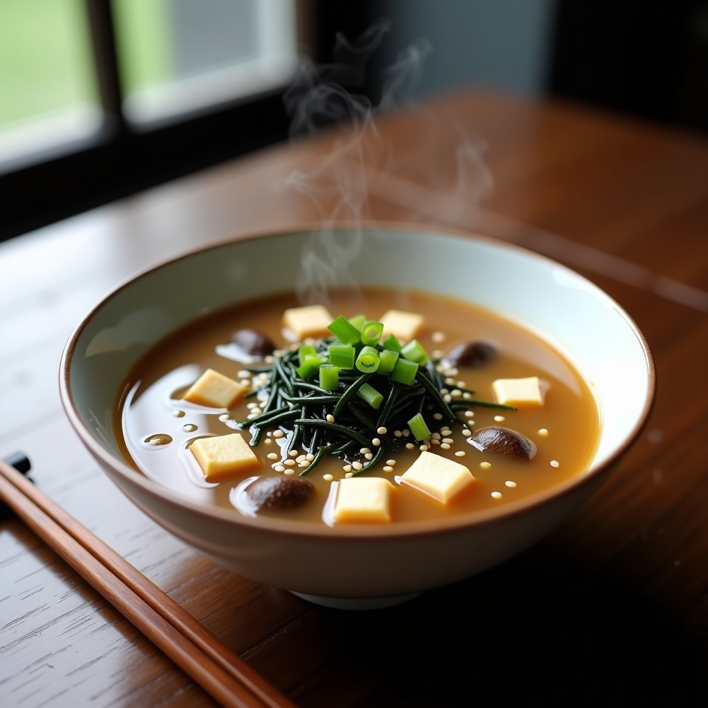 Cuenco de cerámica blanca con sopa de miso humeante, trozos de tofu sedoso, hongos shitake y algas wakame, espolvoreada con semillas de sésamo y cebollino. Plato tradicional japonés en versión airfryer.