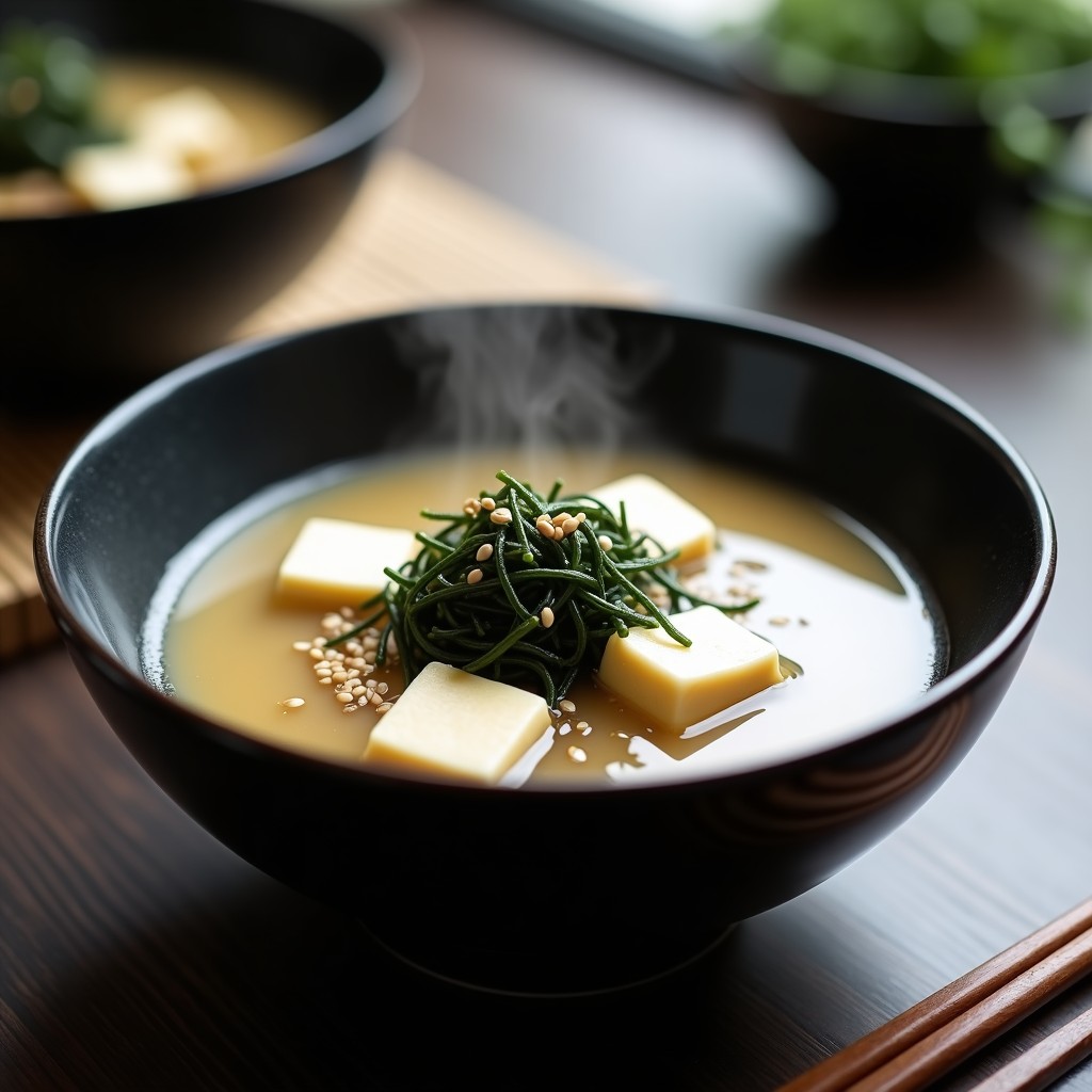 Cuenco de cerámica negra con sopa de miso humeante, trozos de tofu sedoso, algas wakame verdes y semillas de sésamo tostadas, receta japonesa express umami.