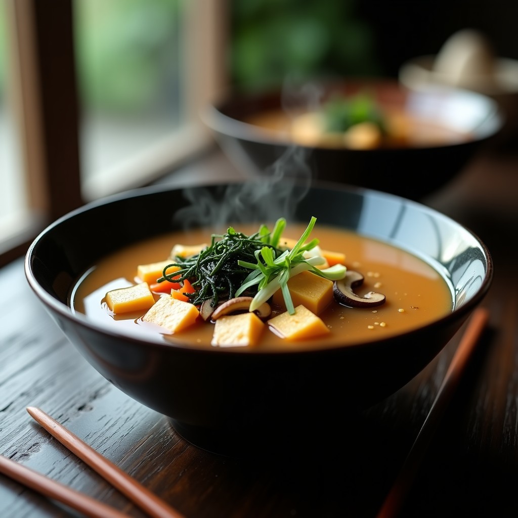 Cuenco de cerámica negra con sopa de miso humeante, cubos de tofu dorado, algas wakame, champiñones shiitake y cebolla verde. Receta express en airfryer.