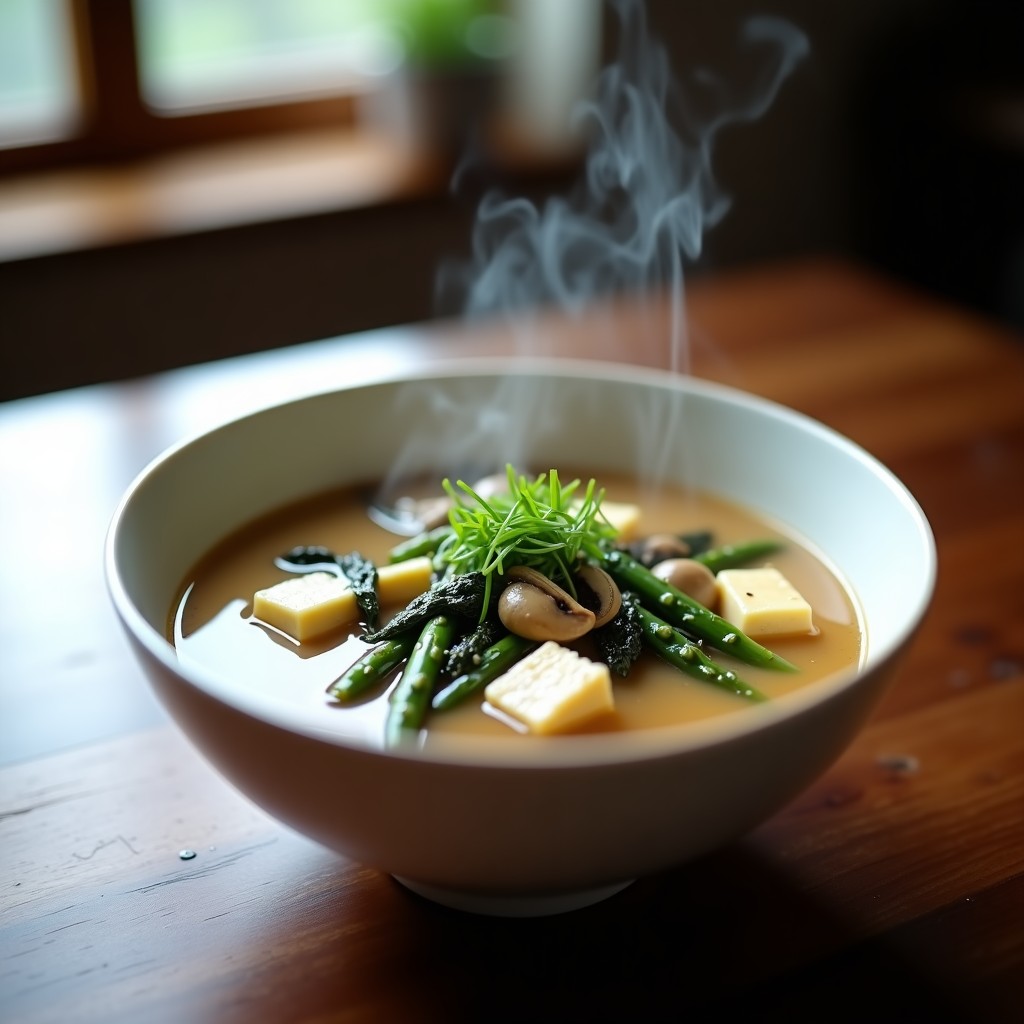 Cuenco de cerámica blanca con sopa de miso humeante, trozos de tofu sedoso, espárragos trigueros verdes, setas shiitake y algas wakame, decorado con semillas de sésamo negro y cebollino fresco. Receta keto de sopa de miso con tofu y verduras.