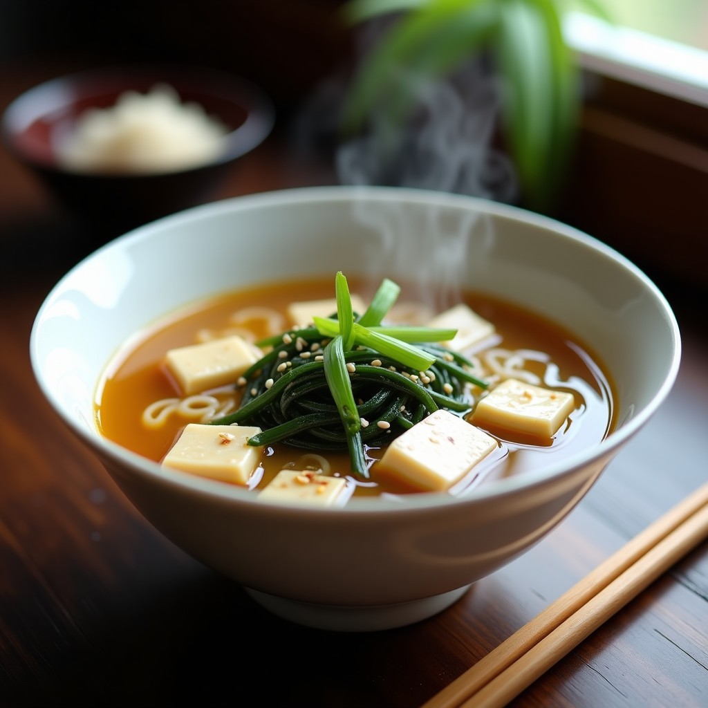 Cuenco hondo de cerámica blanca con sopa de miso humeante, fideos udon gruesos, trozos de tofu, algas wakame verdes y cebolla verde picada. Decorada con semillas de sésamo y un hilo de aceite de sésamo.