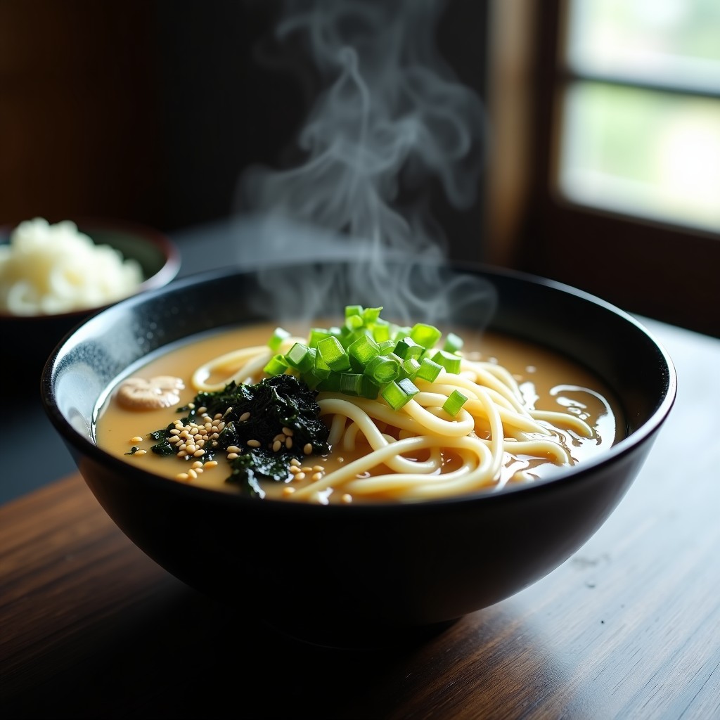 Bol rústico de cerámica negra con sopa de miso humeante, fideos udon blancos, hongos enoki y algas wakame, decorado con cebollino y semillas de sésamo, receta en airfryer.