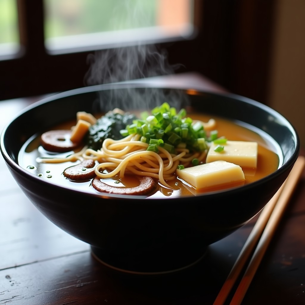 Bowl de cerámica negra con sopa de miso humeante, fideos udon gruesos, hongos shiitake dorados, cubos de tofu, algas wakame y cebolla verde picada, servida con un hilo de aceite de sésamo.