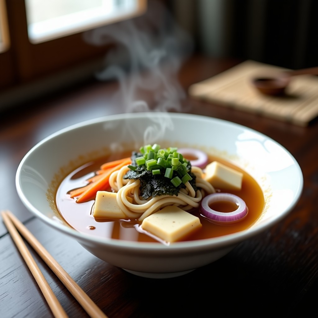Cuenco de cerámica negra con sopa miso humeante, fideos udon gruesos, tofu sedoso desmenuzado, cebolla morada y algas wakame, decorado con cebollino fresco. Receta vegana de sopa miso con udon.