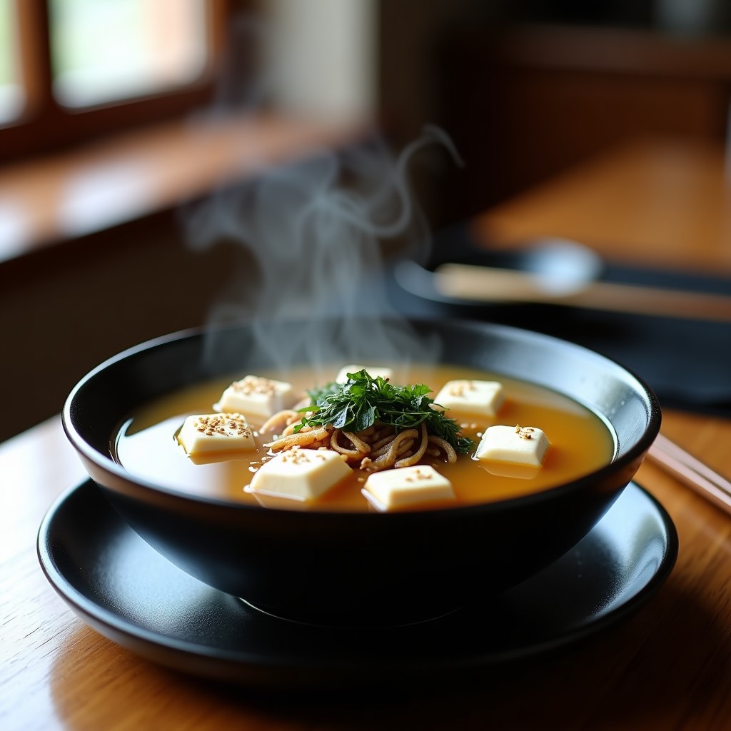 Cuenco de cerámica negro con sopa de miso humeante, trozos de tofu sedoso, algas wakame y semillas de sésamo, servida en airfryer con umami intenso.