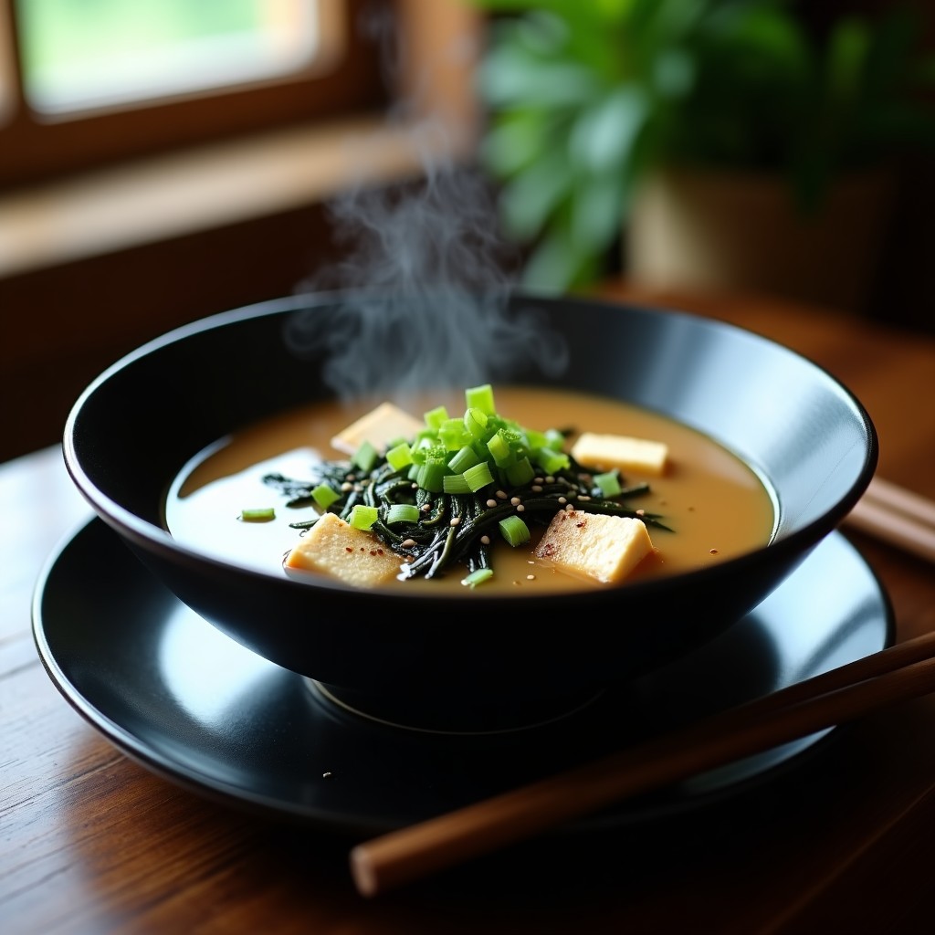 Bowl de cerámica negra con sopa de miso humeante, tofu sedoso, algas wakame verdes y semillas de sésamo, receta express de umami intenso.