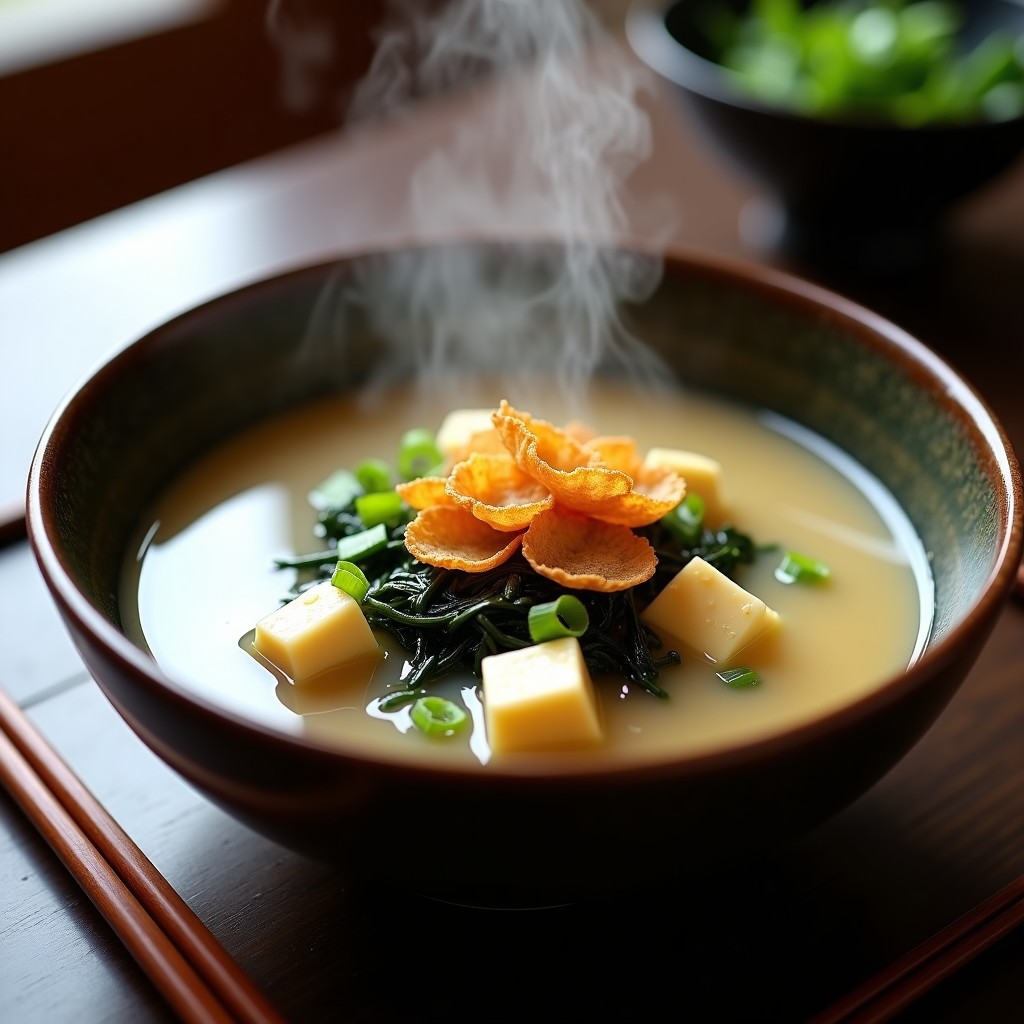 Cuenco de sopa de miso humeante con trozos de tofu sedoso, algas wakame y tiras doradas de veal crujiente encima, decorado con cebollino fresco.