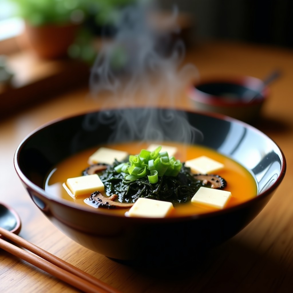 Cuenco de cerámica oscura con sopa de miso vegana humeante, tofu sedoso blanco flotando, alga wakame verde, champiñones shiitake y semillas de sésamo negro. Fondos borrosos de utensilios de cocina japoneses.
