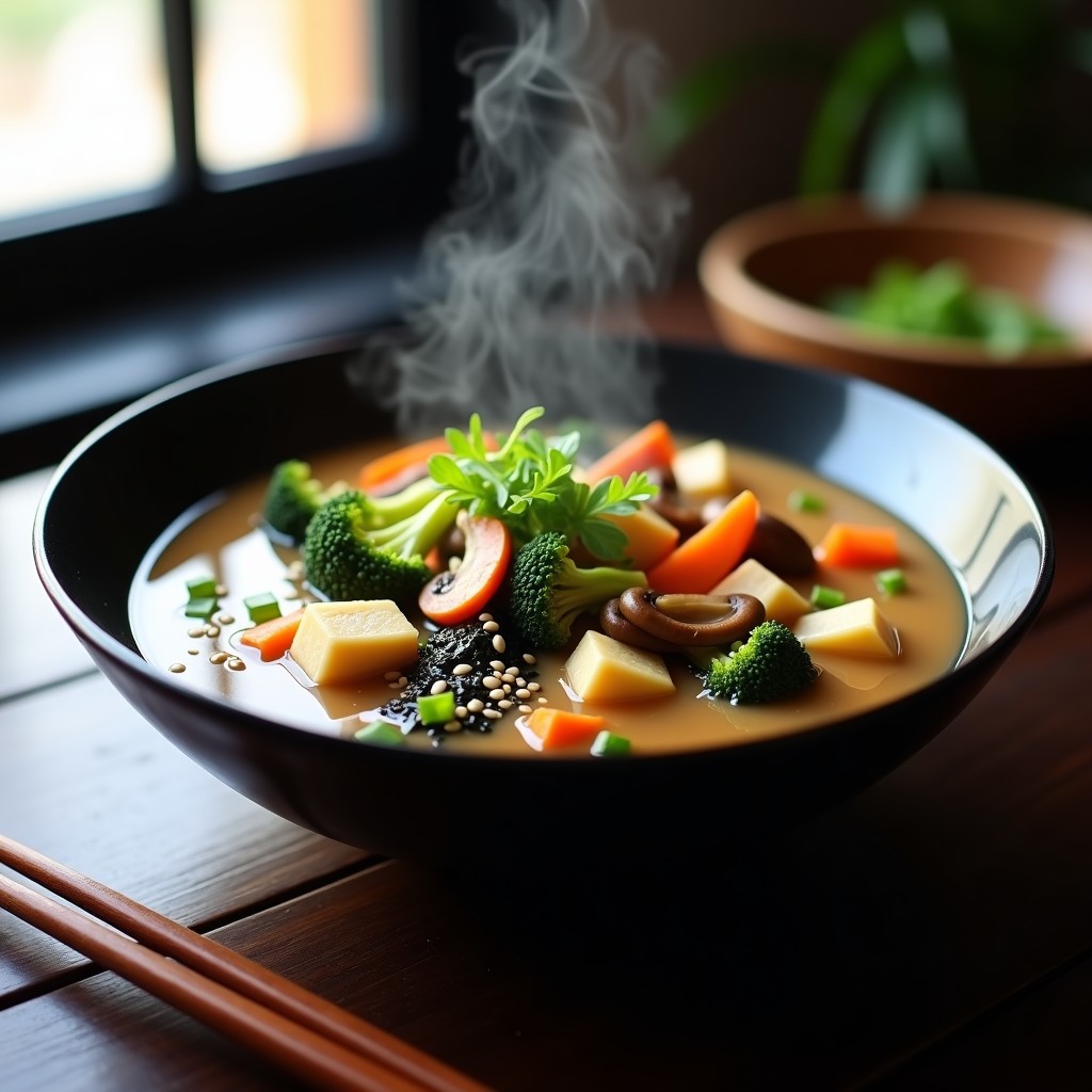 Tazón de cerámica negra con sopa miso humeante, vegetales salteados al wok, tofu dorado y algas wakame, decorada con semillas de sésamo y cebollino fresco.