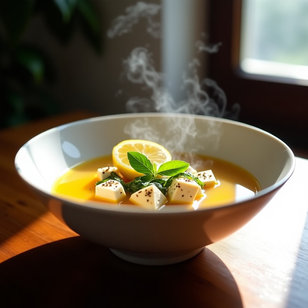 Cuenco blanco humeante con sopa de miso dorada, trozos de tofu sedoso, hojas de verbena y semillas de sésamo, decorado con rodaja de limón y cebollino picado. Receta de sopa de miso con verbena y limón en Thermomix.